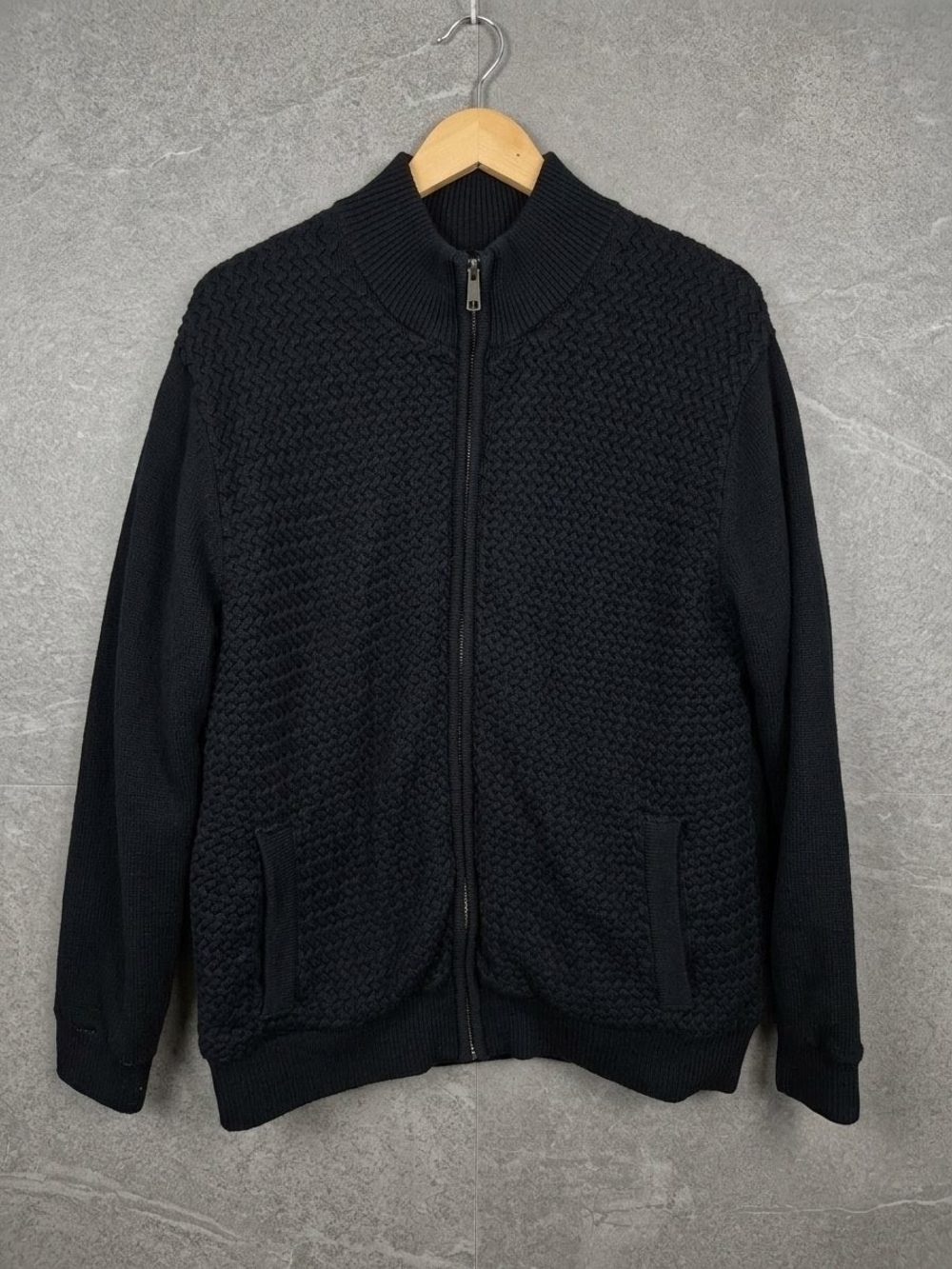 Emanuel Ungaro Men's Waffle Knit Full Zip Jacket Black Faux Sherpa Lined Size L